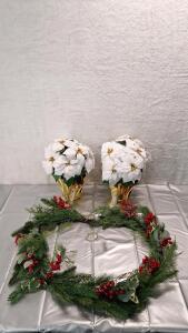 (1) Artificial Evergreen Christmas Wreath W/ Battery Operated LED Lights & (1) 2-Piece, 18 Inch Artifical Potted White Poinsettia Plants W/ Battery Operated LED Lights