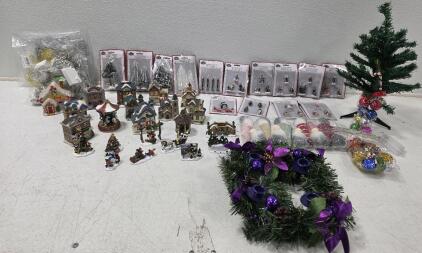 (1) Cobblestone Corners Christmas Village, *New, Box Only Opened For Photos* (10) Felt Gnome Christmas Ornaments (1) Small Decorated Tree Kit