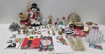 (1) Vintage Fitz And Floyd Christmas Angel 1995 Candle Holder (1) Traditions Hand Painted Glass Snowman w/Wooden Base (1) 100 pcs. Ornament Making Kit (1) 40 pcs. Clear Bauble Kit PLUS Ornaments, Tree skirts, Pillow Covers, Window Clings and More
