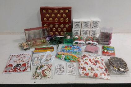 (2) 14pk Gold Glass Ornaments (6) Package Of The Grinch Napkins (5) Sticker Packets & More