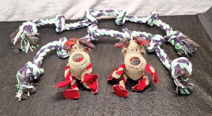 (2) 42" 6 Knots Natural Cotton Rope Toys & (2) Plush Reindeer, Squeeky Dog Toys
