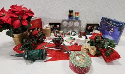 (1) Vintage Metal Christmas Tree Stand (1) Vintage Danbury Mint 1994 Annual Gold Christmas Ornament (1) Outdoor Ground Extension Cord And Assorted Holiday And Seasonal Decor