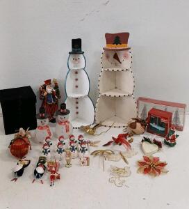 (2) Standing Christmas Decor Snowmen (10) Assorted Ornaments (2) Glass Snowmen Candle Stick Holders & More