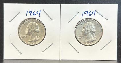 (2) 1964 Washington Quarters, 90% Silver, United States Mint