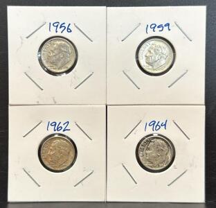 1956, 1959, 1962, 1964 Roosevelt Dimes, 90% Silver, U.S. Mint