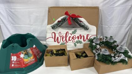(1) Christmas Tree Stand (2) Boxes Of Link Able Yellow Lights (1) Lited Welcome Sign (1) Advent Wreath