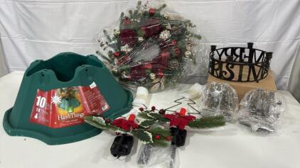 (1) Christmas Tree Stand (1) Pair Of SnowFlake Stocking Holders (1) Candle Holder (1) Wreath (1) Pair Of Solar Lights