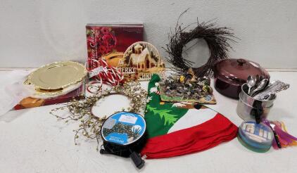 (1) Ohio Wholesale Resin Merry Christmas Church Wall Hanging Decor (1) Vintage Vision Corning Ware Cranberry 5L Dutch Oven (3) Davco Decorators Choice Gold Charger Tray Set of 4 And More