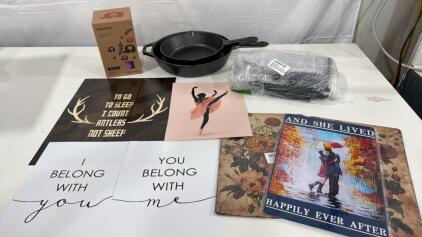 (2) Lodge Cast Iron Pans Sml&Med (1) Insulated Kids Thermos (1) FullStar Mandolin Food Slicer (3) Tin Signs (4) Printed Pictures