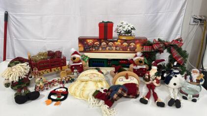 Assorted Christmas Decor- Wooden Train Set , Kirkland Snow Globe Train Set , Santa Candy Jar , Santa & Frosty Door Knob Hangers & Much More