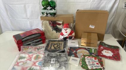 Assorted Christmas Decorations- Artificial Wreath, Mini gnome Figures , Christmas Garden Flag , Cookie Cutters , Lights & More