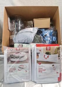 (1) Wreath Storage Bag, (1) Tree Storage Bag & (1) Box Of Assorted Christmas Decor