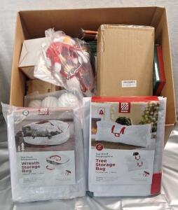 (1) Wreath Storage Bag, (1) Tree Storage Bag & (1) Box Of Assorted Christmas Decor