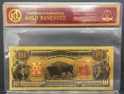 KL Gold-Plated $10 Bison Banknote, 24k Gold, Serial 99999999, COA Included