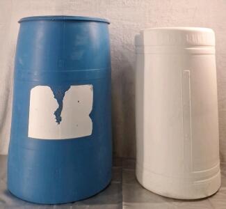 (1) 30-Gallon Blue Poly Barrel & (1) 20-Gallon White Poly Barrel