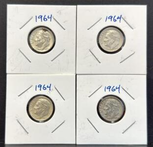 1964 Roosevelt Dime, Silver, Philadelphia Mint, Set of Four Coins