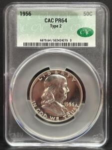 1956 Franklin Half Dollar CAC PR64, Type 2, 50 Cents, Serial #6879.64/552424275