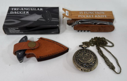 (1) Tri-Angular Dagger (1) 15 Function Pocket Knife (1) Owl Pocket Watch