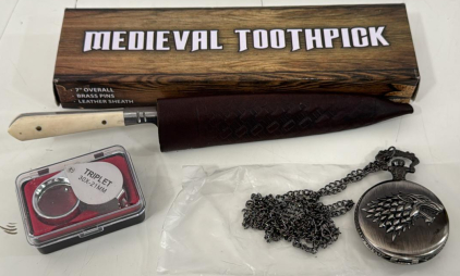 (1) Medieval Toothpick Knife (1)Game of Thrones House Stark Direwolf Quartz Pocket Watch (1) 30x21mm Jewlers Loupe