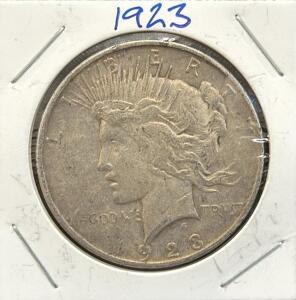 1923 United States Peace Dollar Coin, 90% Silver, No Mint Mark