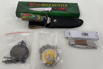 (1) Wild Deer Hunter Knife (1) Small Folding Knife (1) Wife Pocket Watch (1) Fishing Theme Pocket Watch