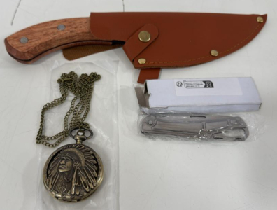 (1) Rustic Knife (1) Indian Chief Pocket Watch (1) Small Folding Knife w/Clip