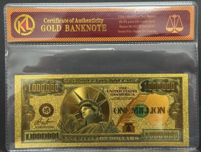 KL Gold-Plated Novelty Banknote, 99.9% 24k Gold, COA, $1 Million Design