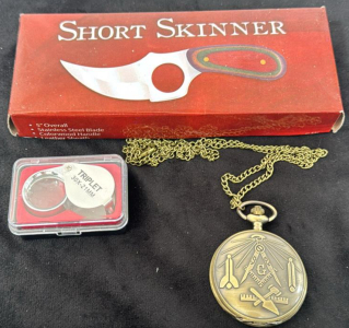 (1) 30x21mm Jeweler&rsquo;s Loupe (1) Masonic pocket watch (1) Short Skinner Knife