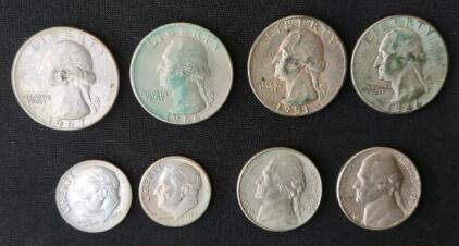( OFFSITE) (4) Washington Quarters from 1946 to 1967, (2) 1967 Eisenhower Dimes, & (2) 1964 Jefferson Nickels