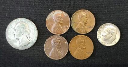 ( OFFSITE) (1) 1935-D Washington Quarter, (1) 1966-D Eisenhower Dime, & (4) Lincoln Pennies from 1960-D to 1981-D