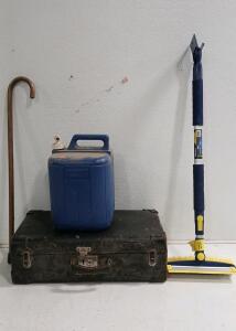 (1) Vintage Bassett Traveling Suit Case -24"L x14"W x8"H (1) Michelin 63" Ultra Duty Telescopic Wash Brush/ Ice Scrapper (1) 33" Wooden Walking Cane & More