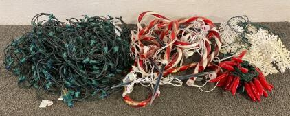 Multicolored Christmas Lights, Yard Candy Cane Lights, Snowflake Lights, And Pepper Lights, All Work
