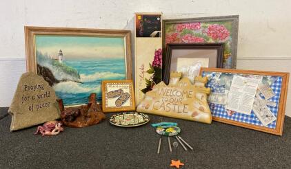 Beach Cottage Themed Decor, (5) Framed Pictures, (2) Signs, Grape Vine Lights, And More