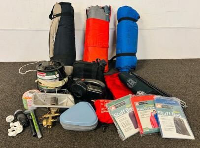 Camping Essentials Including: Tent, Sleeping Pads, Lantern, Propane Heater Attachment, Ponchos, Flashlights, Eating Utensils, Water Jug and More
