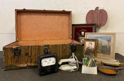 Vintage Metal Chest, Framed Pictures, Vintage Westinghouse AC Voltmeter, Vinatge Clothing Iron, Small Cast Iron Pan And More