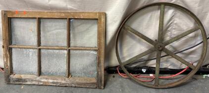 Rustic Six-Pane Window L 1&rsquo; 11.5&rdquo; W 2&rsquo; 8&rdquo; And Vintage Wagon Wheel