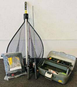 (2) Medium Line Fishing Poles, Landing Net, Seine Net 1/4" Mesh Size, and Plano Tackle Box
