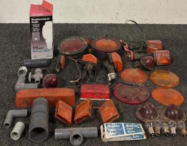 Assortment of Vehicular Lights, Miniature Lightbulbs, & PVC Fittings