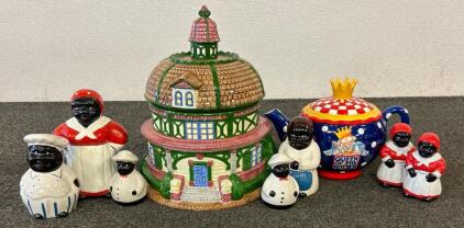 (1) Vintage Ceramic Cookie Jar Shaped Like A Victorian-Style House, (1) Mary Engelbreit "Queen Of The Kitchen" Teapot, And Aunt Jemima Salt And Pepper Shaker Collection