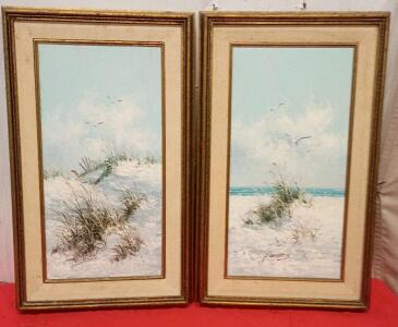 [2] Framed Oil Painting Of A Seascape, Depicting A Beach With Sand Dunes and Seagulls.The Painting is Signed By the Artist, "Parsons". 31"x18" Paintings Were Done In November 1979