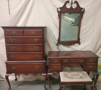 Chippendale-Style Mahogany Vanity Desk or Dressing Table With a Mirror & Matching Chair. Mahogany Highboy Dresser, Also Known As a Tall Chest of Drawers. Vanity Desk 44"x19"x32" Chair 24"x19"x14", Mirror 41"x23", Dresser 57"x34"x18"