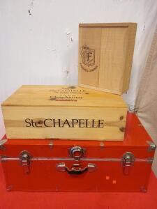 Vintage Red Metal Trunk/Locker 30"x16"x13", (2) Wooden Wine Boxes