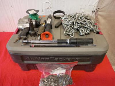 Action Packer Rubbermaid Tool Box Filled With Various Tools Such As 15' Heavy Duty Chain, Air Impact, Channel Lock Torque Wrench, Wrenches And Much Much More