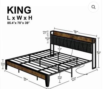 LIKIMIO King Size Bed Frame, Storage Headboard With Charging Station, Solid And Stable, Noise Free, No Box Spring Needed, Easy Assembly