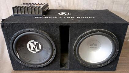 Custom Built Memphis Car Audio Subwoofer Slotted Enclosure, Containing Two 12-inch Subwoofers, One Of Which is a Memphis Brand 12in Subwoofer And The Other A 12in Polk Audio Subwoofer, Rockford Fosgate Amplifier