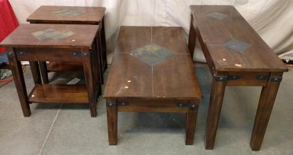 [4 Piece Furniture Set] Wooden Coffee Table With A Tile Inlay 48"x26"x18", Wooden Side Table With Tile Inlay 48"x17"x28", [2]Wooden End Table With Tile Inlay 25"x15"x28" Great Condition