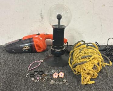 Vintage Radio Shack Chamber of Lighting, ArmorAll Car Vac, Assortment of Jewlery, & Rope