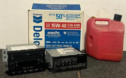 (3) 1 Gallon Jugs Of Chevron Delo 400 SDE SAE 15W-40 Heavy Duty Diesel Engine Oil, (2) Car Stereo Systems & 2 Gallon Gas Can
