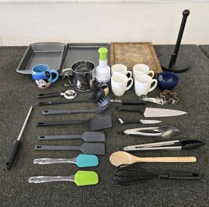 Collection of Kitchenware Including: Knives, Spatulas, Cups, Wood Cutting Board & More