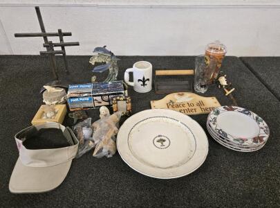 Household Decorations Including: Conected Metal Crosses, (3) Cups, (5) Plates, Animals Figurines & More
